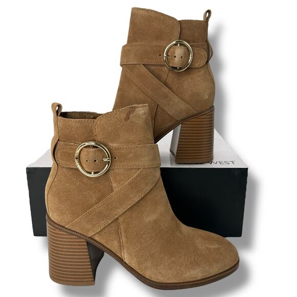 NEW Nine West Tan Suede Ankle Boots Size 8 Chunky Retro Block Heel High Booties - Picture 1 of 13